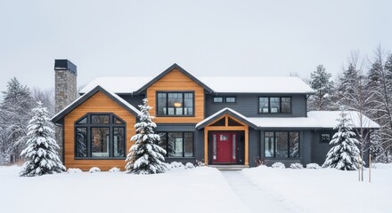 A modern, two-story house with a gray exterior and a yellow front porch, surrounded by snow-covered trees in a forested area.