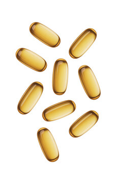 Yellow omega-3 gel capsules scattered for health and wellness isolated on transparent background