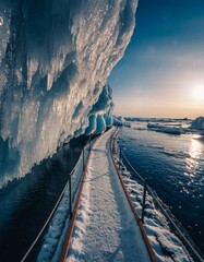 Serene Ice Pathway Along Frozen Lake Under Bright Winter Sun