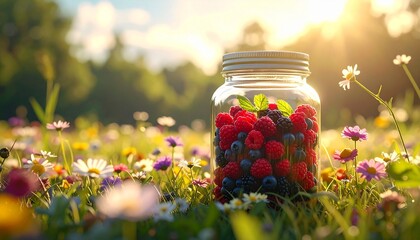 Glass jar filled with raspberries, blackberries, and blueberries placed in sunlit wildflower meadow with golden glow.
