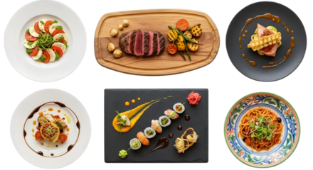 A culinary display featuring various dishes including sushi, steak, and salads, presented in a collage format with a white background and saved as a png file