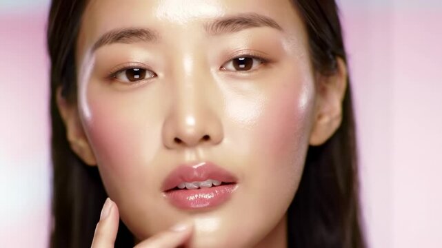 A close up of a woman's face, radiant skin, soft makeup, with finger on lips