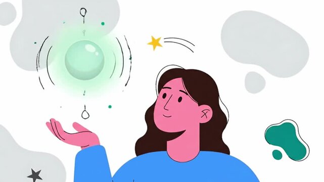 Woman Juggling Green Orb with Abstract Shapes and Stars.
