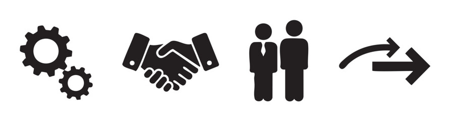 Business process collaboration icons representing various stages of teamwork, agreement, and forward movement in a professional environment.