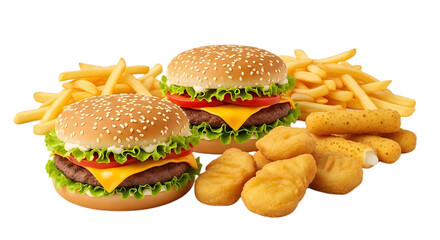 A close-up view of fast food meal consisting of burgers, fries, and nuggets displayed on a white background in png format