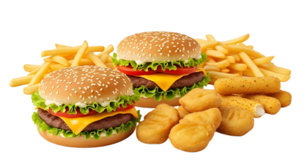 A close-up view of fast food meal consisting of burgers, fries, and nuggets displayed on a white background in png format