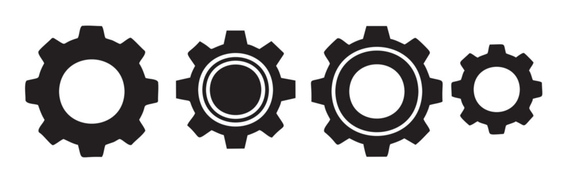 Four black gear icons of different sizes and designs are arranged in a row, representing concepts of settings, mechanics, and progress.