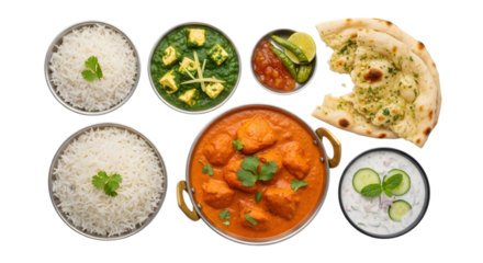 Assorted Indian Cuisine Dishes with Naan Bread and Rice served in png Format