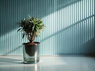 Green palm with reeded glass. Sunny banner for minimal wood presentation. Ribbed Background. White Reeded Glass. Pure aesthetic behind frosted panel for modern beauty illustration. Plant leaves.