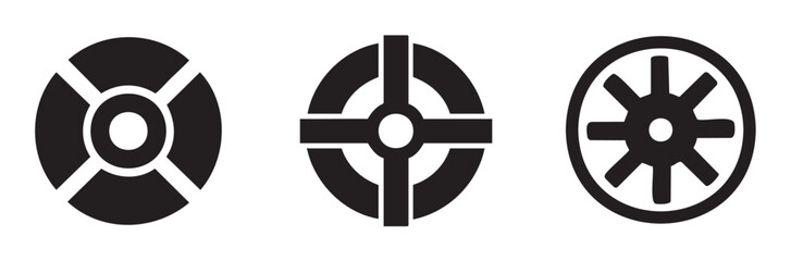 Obraz premium Three distinct geometric circular symbols representing various concepts of direction, focus, and connection in a minimalist black and white design.