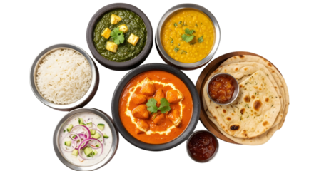 A vibrant Indian meal featuring curry, rice, and roti, beautifully arranged on a white background in a png image file