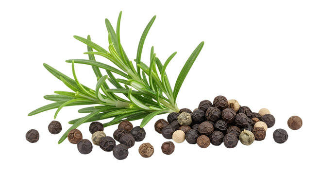 Fresh rosemary sprig and peppercorns arranged on white background in high-quality png