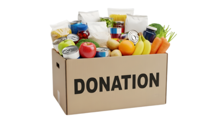 A cardboard box filled with various food items and labeled donation in a png image file