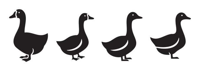 Obraz premium Four black geese silhouettes showcasing various standing and walking poses, rendered as simple, clean vector icons for diverse design elements.