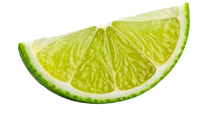 A close-up view of a vibrant lime wedge cut in half, displayed on a plain white background in a high-resolution png file