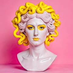 Medusa Gorgon Marble Statue Featuring Bold Smoky Eye Makeup and Vibrant Yellow Serpentine Hair Against a Striking Pink Background