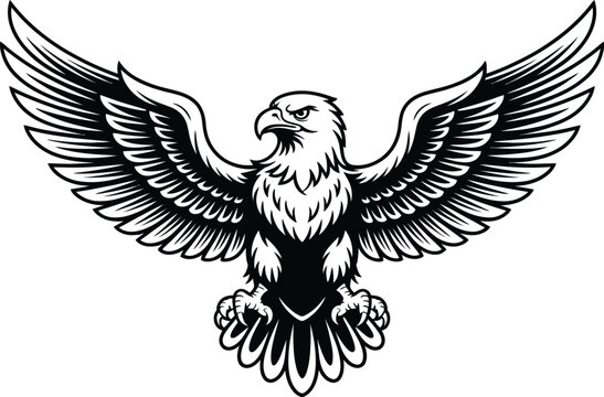 A striking black and white illustration of an eagle with wings spread wide