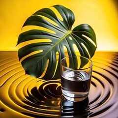 Monstera Leaves Beside a Glass of Water on Rippled Surface With Vibrant Yellow Background