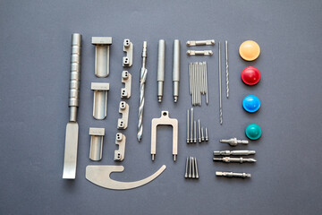 close up of lots of parts for transplantation of the joints of the leg