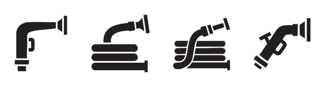 Collection of hose nozzles and coiled hoses in various configurations are depicted as black silhouette icons, representing watering and fire safety equipment.