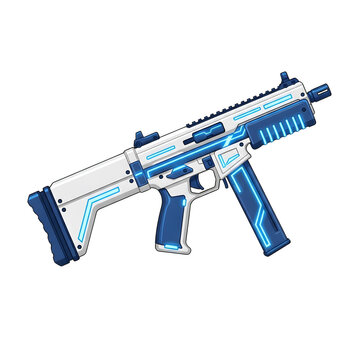 Futuristic submachine gun design with glowing blue and white accents