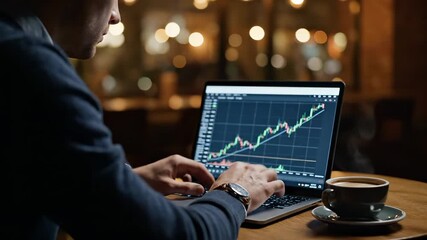 Trader analyzes stock chart on laptop in cafe. Man investor checks trading graph on screen. Stock market data shows growth trend. Trader works on laptop with trading chart. Investor in cafe at night. - Powered by Adobe