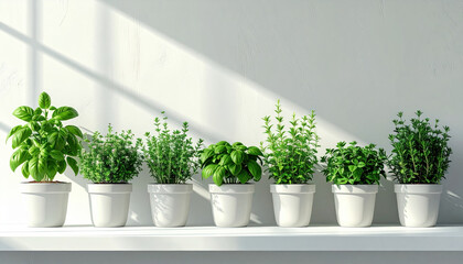 Row of potted herbs in white pots on sunlit shelf, including basil and thyme, creating fresh and vibrant atmosphere