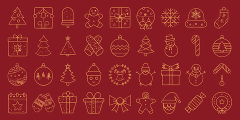 Golden christmas icons set festive decorations and symbols for the holidays