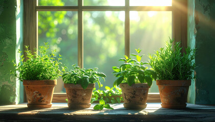 Potted herbs basking in sunlight on windowsill, creating serene and fresh atmosphere