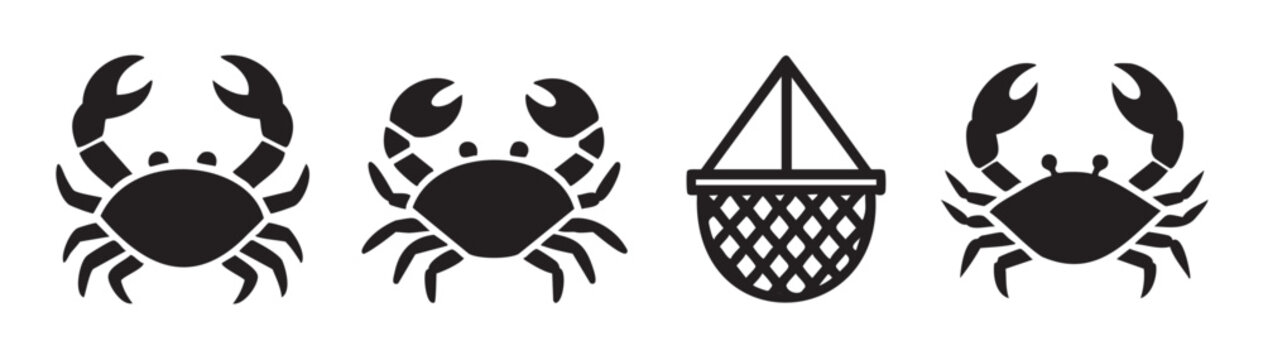 Three crabs and a fishing net icon set, perfect for illustrating seafood, ocean life, and marine harvesting in a clean, simple graphic style.