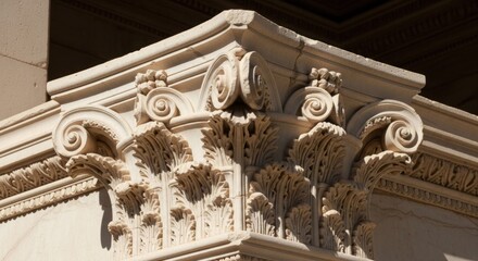 A detailed architectural detail of a stone column with intricate carvings and ornate designs, set against a neutral background.