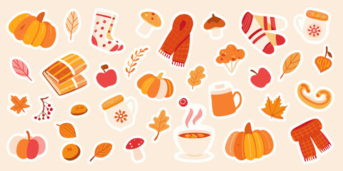 Autumn themed stickers featuring pumpkins leaves scarves and cozy fall elements