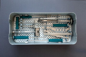 close up of lots of parts for transplantation of the joints of the leg