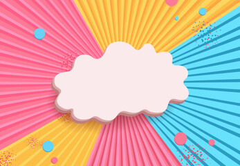 A white, empty comic-style cloud on a pink, blue, and yellow background with diverging rays. Pop art concept. Vector