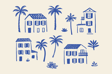 Mediterranean houses and palm trees doodle vector illustration