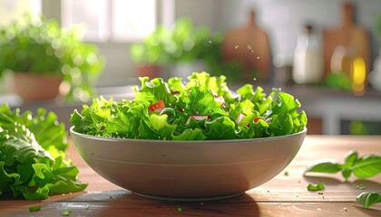 Fresh Green Salad in a Bowl on a Wooden Table with Radish and Herbs in a Sunlit Kitchen