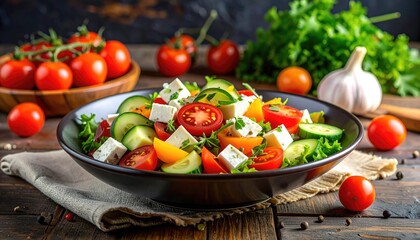 Fresh Mediterranean Salad With Tomatoes Cucumbers Feta Cheese And Herbs On A Rustic Wooden Table With Scattered Ingredients