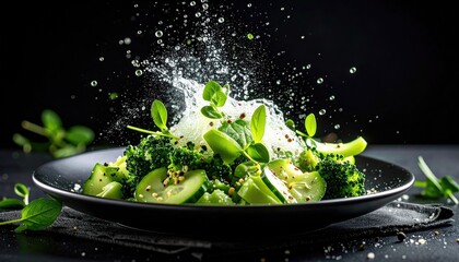 Fresh Green Salad Sprinkled with White Seasoning on a Black Plate with a Dark Background