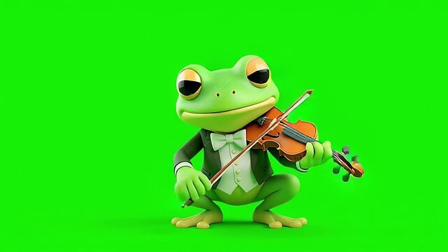 A cartoon frog playing the violin with a bow on a solid green background, 3D rendering