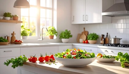 Freshly Made Garden Salad in a White Bowl on a Bright Sunny Kitchen Countertop with Tomatoes and Fresh Herbs Nearby