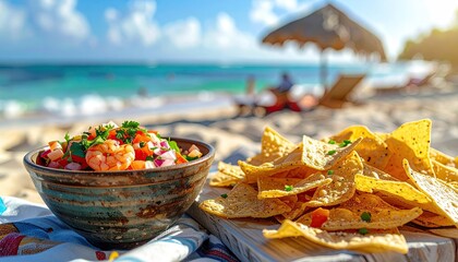 Fresh Shrimp Salsa With Crispy Tortilla Chips At A Sunny Beach Resort With Turquoise Ocean Waves And A Thatched Umbrella In The Background