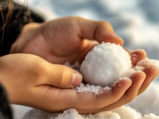 Fototapeta premium Child's hand shaping snow into a perfect snowball during a winter afternoon in a snowy landscape