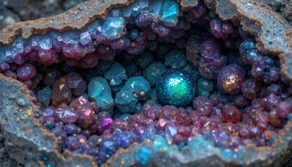 Fototapeta premium Exploring vibrant amethyst geodes natural caverns mineral photography understated beauty macro perspective geological wonders