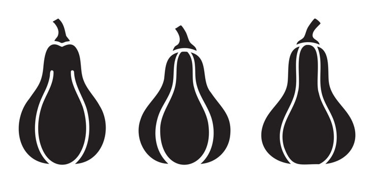 Three black stylized butternut squash gourd vegetable icons represent autumn harvest, healthy eating, and seasonal produce in a simple graphic design.