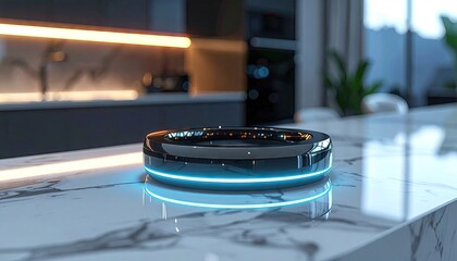 Futuristic Black Ring With Blue Neon Light Glow Rests On A Marble Countertop In A Modern Kitchen With Soft Ambient Lighting Creating A Sleek High Tech Atmosphere