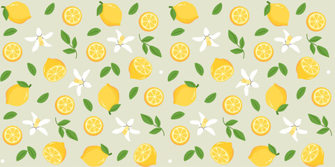 Seamless pattern with whole lemons and sliced, green leaves and flowers. Citrus background in Italian style for decoration of dishes, fabric prints, poster and wrapping paper