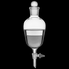 Glass Separatory Funnel with Clear Liquid and Stopper on Black Background laboratory equipment scientific glassware