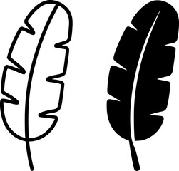 Banana leaf illustration icon, black and white, outline and silhouette versions © Nurhalimah
