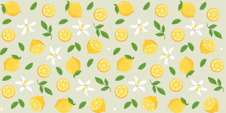 Seamless pattern with whole lemons and sliced, green leaves and flowers. Citrus background in Italian style for decoration of dishes, fabric prints, poster and wrapping paper