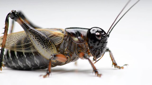 A close-up of a cricket, highly detailed with a glossy carapace